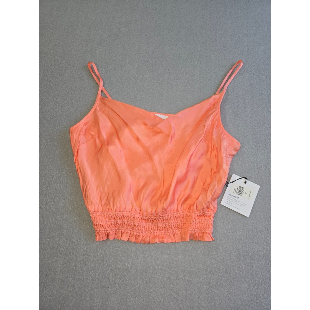 Bella Dahl Camisole Top Womens Small Orange Smocked Waist Ruffle Silky B4454-C91